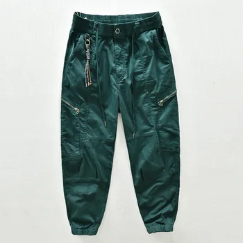 Multi Kapsy Cargo Kalhoty Pánské Jaro Podzim Módní Elastický Pás Vintage Patchwork Ležérní Volné Kvetoucí Paví Zelené Kalhoty