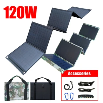 Přenosný Solární Panel Skládací Taška 120W, USB+DC Výstup Solární Nabíječka Solární články Venkovní Vysoce účinné Nabíjení Palubě Batoh