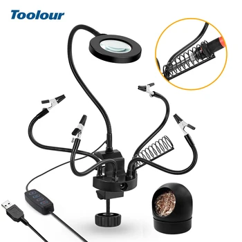 Toolour 5pc Flexibilní Paže Třetí Pomocnou Ruku Stolní Svorku USB LED Lampa 3X Lupa Pájení Železa Držitel DIY Opravy Nástroj