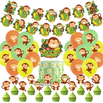 Monkey Birthday Party Dekorace Dodávky Jungle Safari Narozeniny Banner Dort Topper Cupcake Zavírače Balónků Pro Chlapce, Dívky