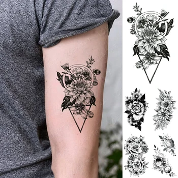 Vodotěsný Dočasné Tetování Nálepka Realistické Květiny Flash Tetování Geometrie Black Rose Falešné Tatto Pro Body Art Ženy Muži
