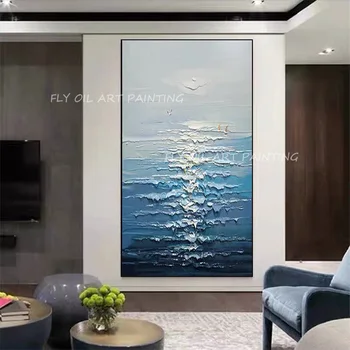 Nordic Ocean Blue Wave s východem slunce, 100% Ruční olejomalby Velké Umění Zdi Obraz Pro Domácí Dekoraci Žádný Rám