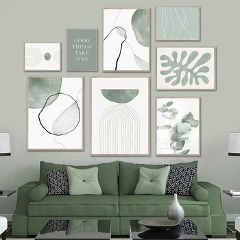 Boho Zelený Grafický Tvar-Line List Abstraktní Umění Zdi Malířské Plátno Nordic Plakáty a Tisky Obraz, Nástěnná malba Interior Room Decor