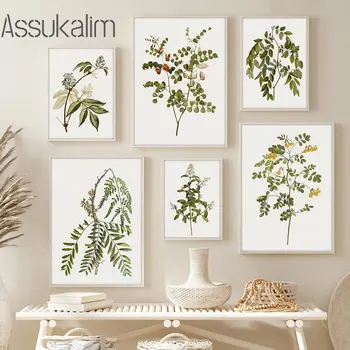 Zelené Listy Zeď Obrázky Přírodních Rostlin Art Canvas Vintage Rostliny Plakát Minimalistické Nástěnné Plakáty Severské Umění Tisků Domova
