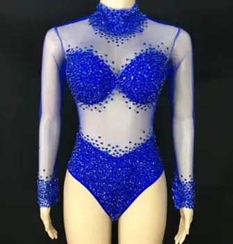 Sexy Modré Kameny Průhledné Taneční WearRompers Narozeninové Party Outfit RhinestonesBodysuits Zpěvák Tým Taneční Kostým wangsha