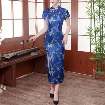 Pohodlné Dámské Šaty Elegantní Umělé Saténové Dlouhé Cheongsam Čínské Styl Límec Krátký Rukáv Qipao Květinové Tisk Boční Split