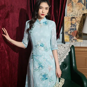 Modré Růžové Šifon Výšivky Cheongsam Středně Dlouhé Slim Matka Šaty Elegantní Tradiční Večerní Šaty Plus Velikost Qipao