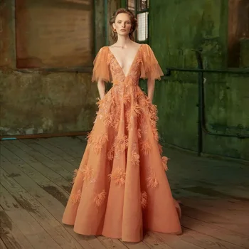 Elegantní Burn Orange Formální Příležitosti Šaty 2023 Couture Peří, Korálky, Organza Prom Šaty Dlouhé Dubaji Je Arabština Večerní Party Šaty