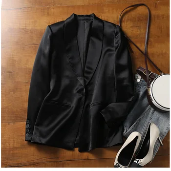 Černý Satén Módní Dámské sako Vintage 2023 Podzim Zimní Sako korejské Jedno Tlačítko Dojíždějící Office Lady Vynosit, Top Q671