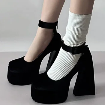Letní Nové Ženy, Vysoké Podpatky Móda Spony Kolo Toe Úřad Vysoké Podpatky Pohodlné Černé Tlustý Podpatek Platforma Boty Zapatos Mujer