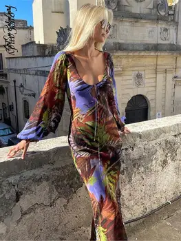 Ženy Tištěné Lucerna Rukáv Obvaz Maxi Šaty Sexy U krku vydlabat Vysoké Split Slim Šaty 2023 Letní Lady Vestidos Dovolenou