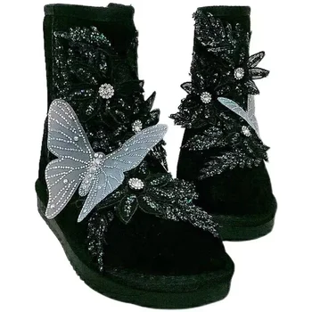 Drahokamu Butterfly dekorace ručně vyráběné na zakázku kožešiny jeden kus boty Flower Winter plus fleece teplé boty ženy 35-40