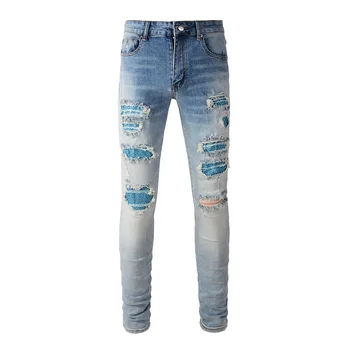 Muži Crystal Patch Denim Džíny Streetwear Modrý Patchwork Stretch Kalhoty Roztrhl Zoufalý Hubená Zúžené Kalhoty
