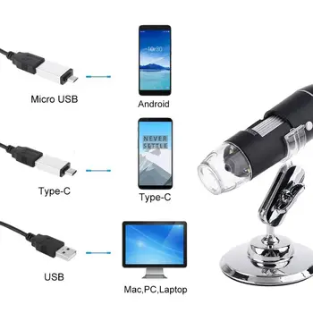 3 V 1 Digitální USB Mikroskop 1600X Portable 2 Adaptéry, Podpora OSX, Windows, PC, Type-C, Micro USB, Telefon, Lupa S 8 LED