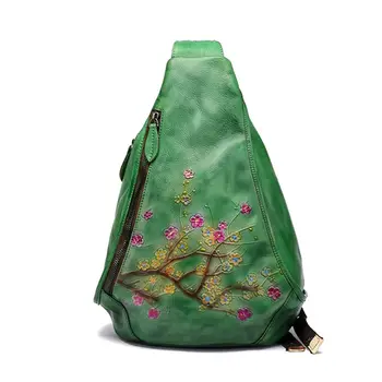 Ženy Retro Hrudi Taška Luxusní Hovězí Kůže Pravé Kůže Crossbody Tašky Zelené Reliéfní Květinové Sling Bag Vintage Kožená Taška Pro Dívky