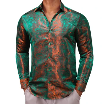 Luxusní Košile pro Muže Hedvábí Dlouhý Rukáv Zelené Paisley Shine Slim Fit Mužské Halenky Příležitostné Topy Prodyšný Streetwear Barry Wang