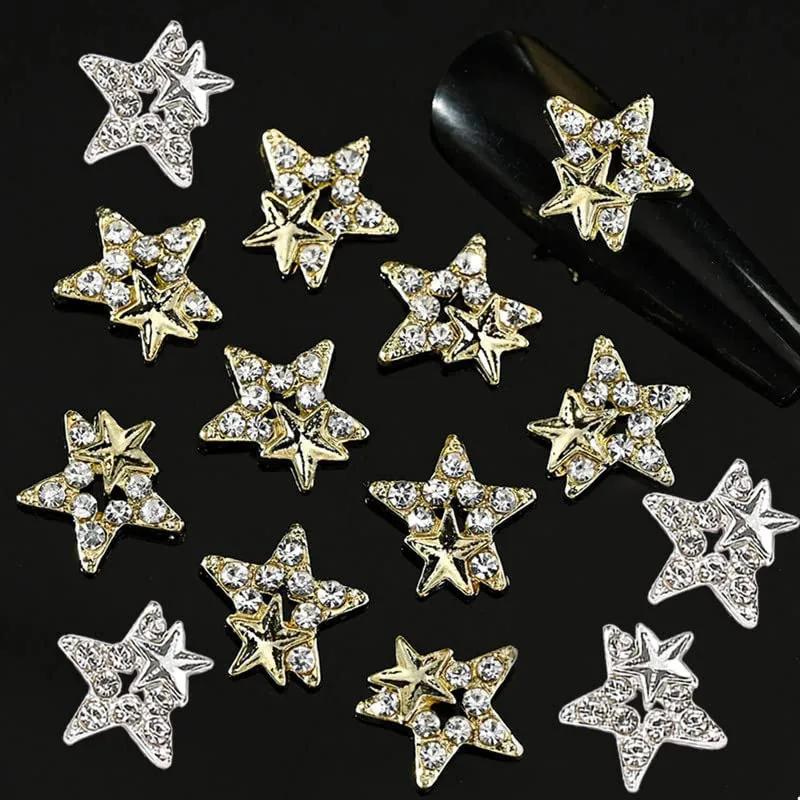 10ks 3D Pentagram Hvězdičkový Crystal Nail Art Drahokamu Půvaby Luxusní Slitiny Zlata Kousek Třpytky Šperky Manikúra Nehty Příslušenství - 2