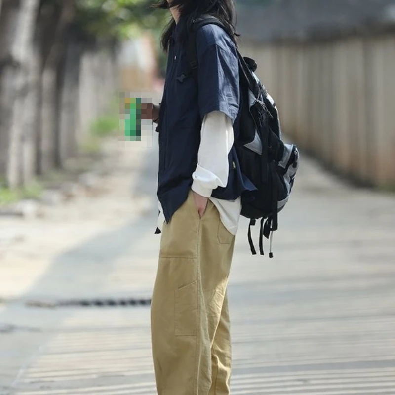 Japonské Retro Set Mužů, Žen Harajuku Klopě jednobarevné Krátký Rukáv Tričko+Pase Volné Rovně-noha Cargo Kalhoty Unisex - 1