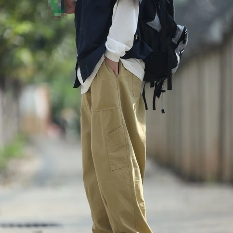 Japonské Retro Set Mužů, Žen Harajuku Klopě jednobarevné Krátký Rukáv Tričko+Pase Volné Rovně-noha Cargo Kalhoty Unisex - 3