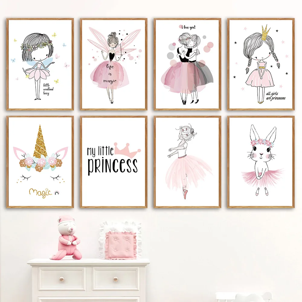 Nordic plakát pink cartoon baby girl room decoration školky plátno plakát, nástěnné obrázky plátně obraz, plakát, baby room wall de - 1
