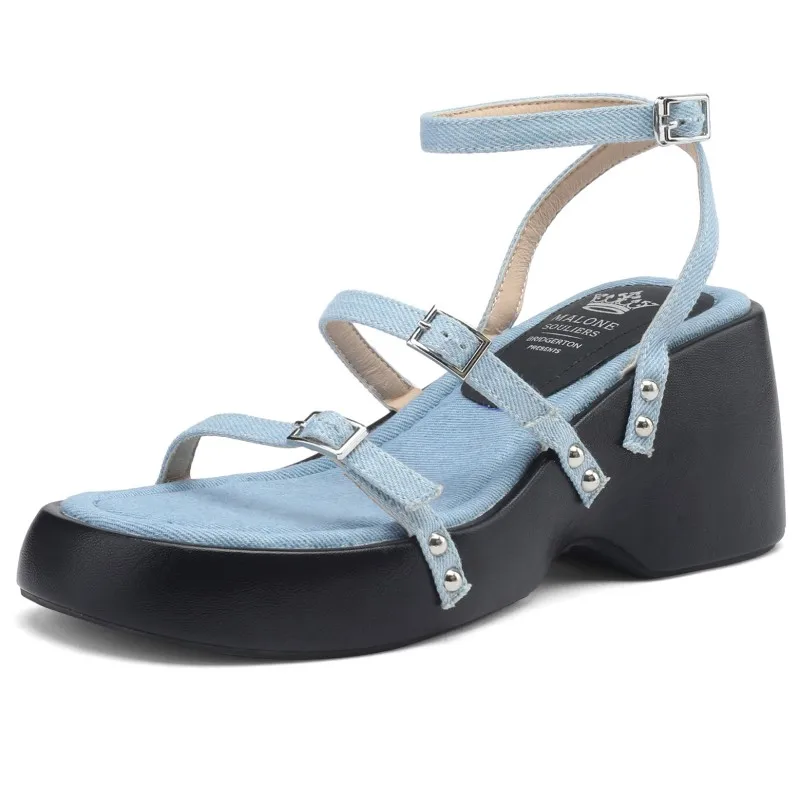 Nové Příjezdu Modré Džínové Římské Sandály Ženy Sklon Pata Tlusté Sole Platforma Sandály Tenký Pásek, Kovová Spona, Ležérní Jean Sandály - 0