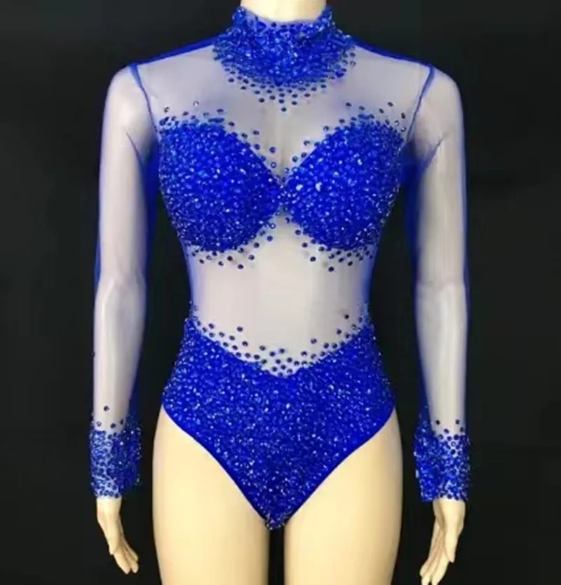 Sexy Modré Kameny Průhledné Taneční WearRompers Narozeninové Party Outfit RhinestonesBodysuits Zpěvák Tým Taneční Kostým wangsha - 0