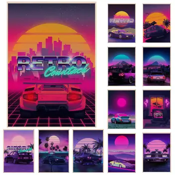 Tokyo Street Racing Synthwave Neon 80. let Klasické Anime Plakát Decoracion Malování Wall Art Papír Kraft Domova